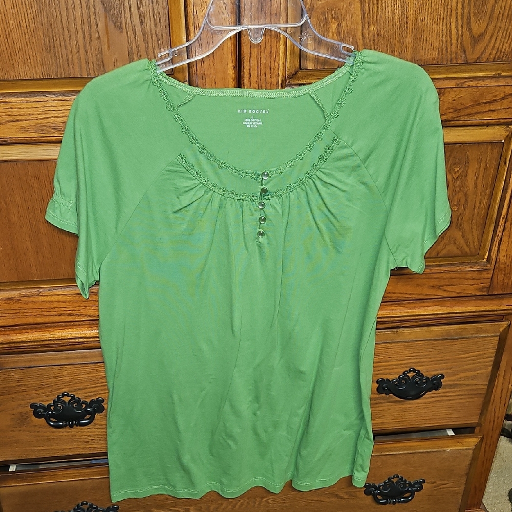 Kim Rogers Vibrant Green Short Sleeve Blouse Size Large